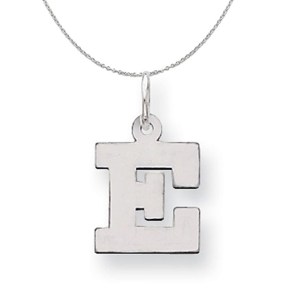 Silver, Amanda Collection Small Block Style Initial E Necklace - 16 In
